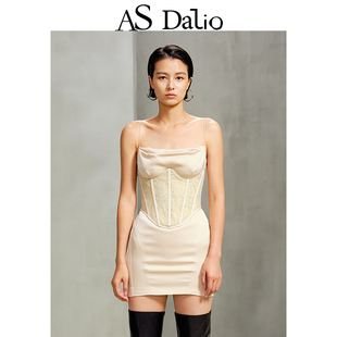 DALIO杏色蕾丝腰封吊带连衣裙修身 绑带吊带短裙 张韶涵同款