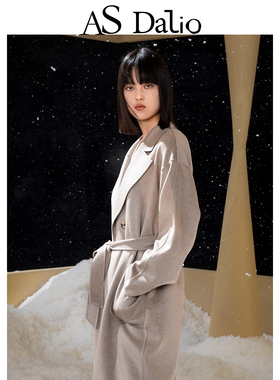 AS DALIO设计师款钻石级小山羊绒宽松驼色廓形大衣女系带长款外套