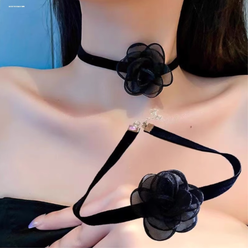 蕾丝颈链黑色绳女锁骨链脖颈链高颜值花朵项圈颈带脖子饰品颈环链