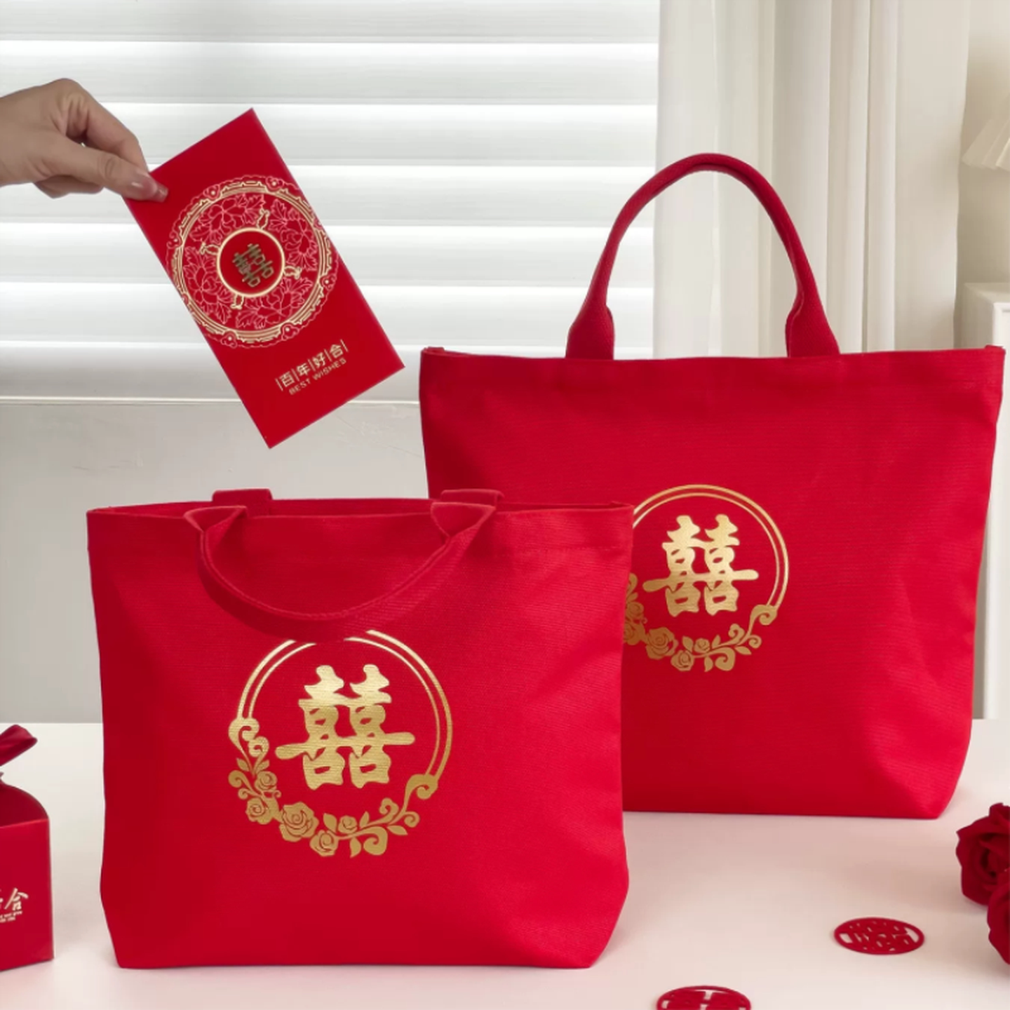钱包布袋中国风红色喜庆结婚手提帆布包伴娘伴手礼品袋结婚收纳袋
