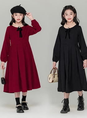 女童秋冬连衣裙2025新款中大童木耳边圆领百搭裙子女孩红色气质裙