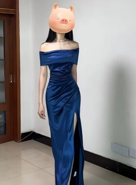 小可wiwi法式气质蓝色一字肩连衣裙女2025新款年会宴会晚礼服裙子