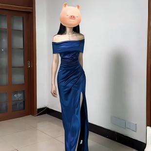 小可wiwi法式 年会宴会晚礼服裙子 气质蓝色一字肩连衣裙女2025新款