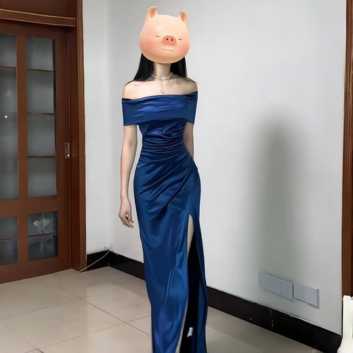 小可wiwi法式气质蓝色一字肩连衣裙女2025新款年会宴会晚礼服裙子