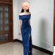 小可wiwi法式 气质蓝色一字肩连衣裙女2025新款 年会宴会晚礼服裙子