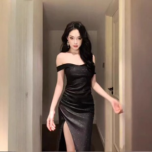 小可wiwi法式黑色一字肩闪闪连衣裙性感气质公司年会宴会晚礼服裙