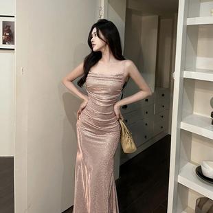 小可wiwi气质闪亮吊带连衣裙女夏季 粉色欧美显瘦晚礼服长裙 新款