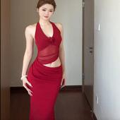 小可wiwi挂脖红色连衣裙女夏季 网纱拼接气质性感海边宴会晚礼服裙