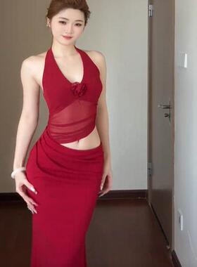 小可wiwi挂脖红色连衣裙女夏季网纱拼接气质性感海边宴会晚礼服裙
