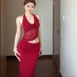 小可wiwi挂脖红色连衣裙女夏季 网纱拼接气质性感海边宴会晚礼服裙