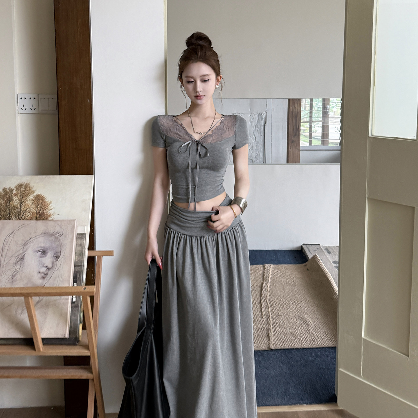 小可wiwi温柔韩系风蕾丝拼接绑带上衣A字裙两件套女显瘦气质套装