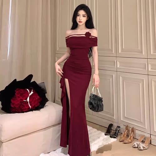 小可wiwi法式名媛性感露肩鱼尾裙晚宴敬酒晚礼服开叉修身连衣裙女