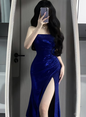 小可wiwi蓝色抹胸连衣裙女性感生日主持人开叉成人礼 礼服裙长裙