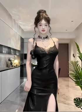 小可wiwi法式蝴蝶性感黑色闪闪吊带连衣裙女气质宴会年会晚礼服裙