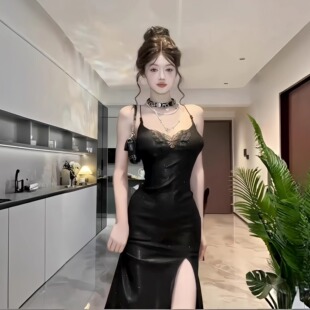 小可wiwi法式 蝴蝶性感黑色闪闪吊带连衣裙女气质宴会年会晚礼服裙