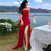 小可wiwi性感开叉抹胸连衣裙女夏季 新款 高级感主持宴会晚礼服长裙