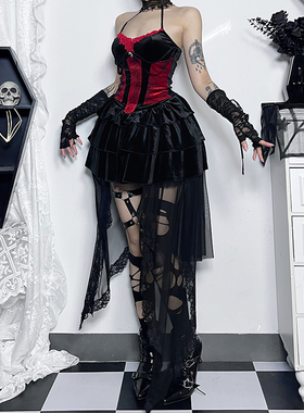 万圣节服装哥特红黑drama打歌服套装女演出服束腰背心拖尾半身裙