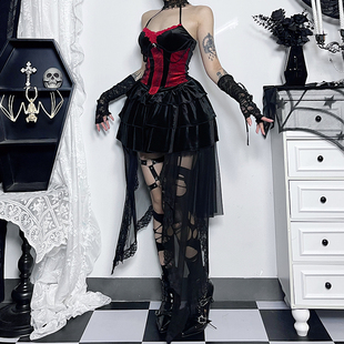 万圣节服装 女演出服束腰背心拖尾半身裙 哥特红黑drama打歌服套装