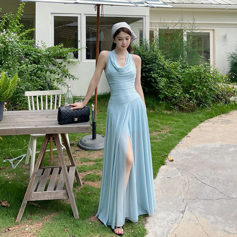 小可wiwi度假风蓝色薄纱连衣裙女2025夏季流行单品两穿式兜领长裙