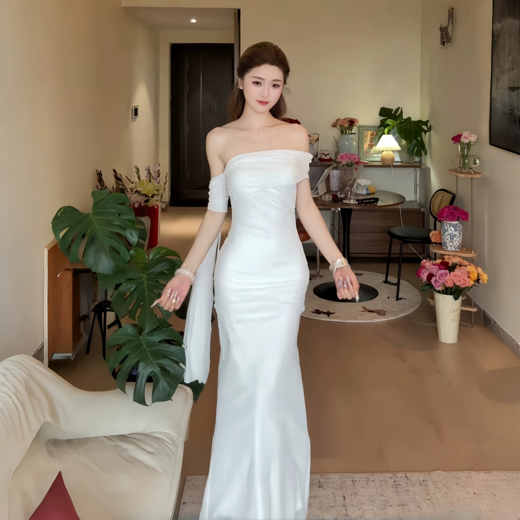 白色伴娘服气质网纱连衣裙