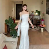 小可wiw新款 性感白色裙子女伴娘服轻纱小礼服气质飘带网纱连衣裙