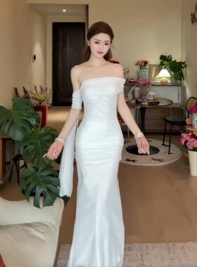 小可wiw新款性感白色裙子女伴娘服轻纱小礼服气质飘带网纱连衣裙