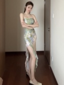 设计感气质绿色抹胸连衣裙女性感开叉复古国风长裙 小可wiwi新中式