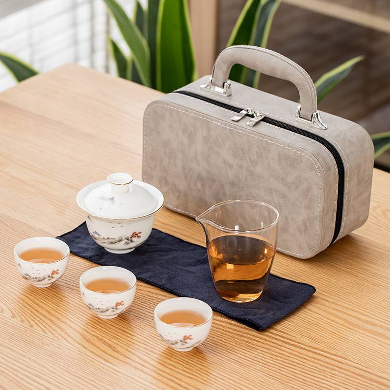 旅行茶具套装陶瓷羊脂玉白瓷盖碗皮盒收纳商务伴手礼广告礼品