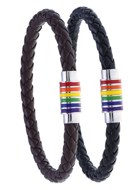 欧美皮革编织手链简约七彩彩虹磁铁扣pu皮手链新款小众
