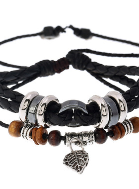 韩版时尚个性创意多层编织树叶吊坠男士皮革手链手饰小众