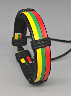 波西米亚网红牙买加红绿黄手环小众编织皮革手链嘻哈条纹可调小众