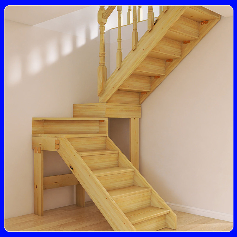 复式阁楼整体木楼梯 u型走向原木风梯子 室内二楼转角梯 安装简单