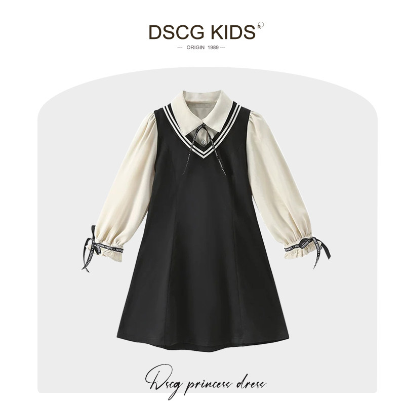女童连衣裙2025春装新款长袖黑色女大童裙子时尚学院风儿童公主裙