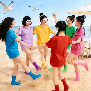 多巴胺彩色T恤闺蜜装 团体班服 糖果色体恤纯棉圆领宽松t恤女姐妹装