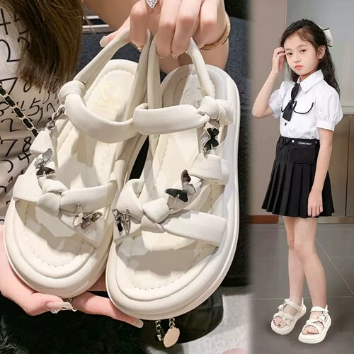 真皮女童凉鞋2026夏季新款百搭小女孩罗马鞋蝴蝶软底中大童沙滩鞋 - 封面