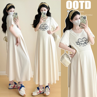 2025夏装 T恤裙长款 孕妇新款 短袖 休闲宽松连衣裙潮妈 大码 实拍现货