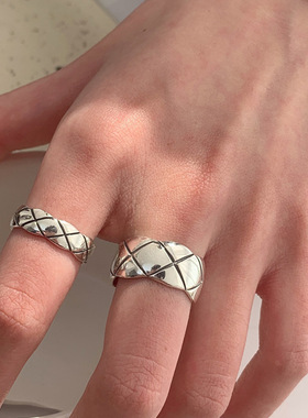 韩版几何网格戒指女复古时尚个性百搭简约菱格开口指环嘻哈食指戒