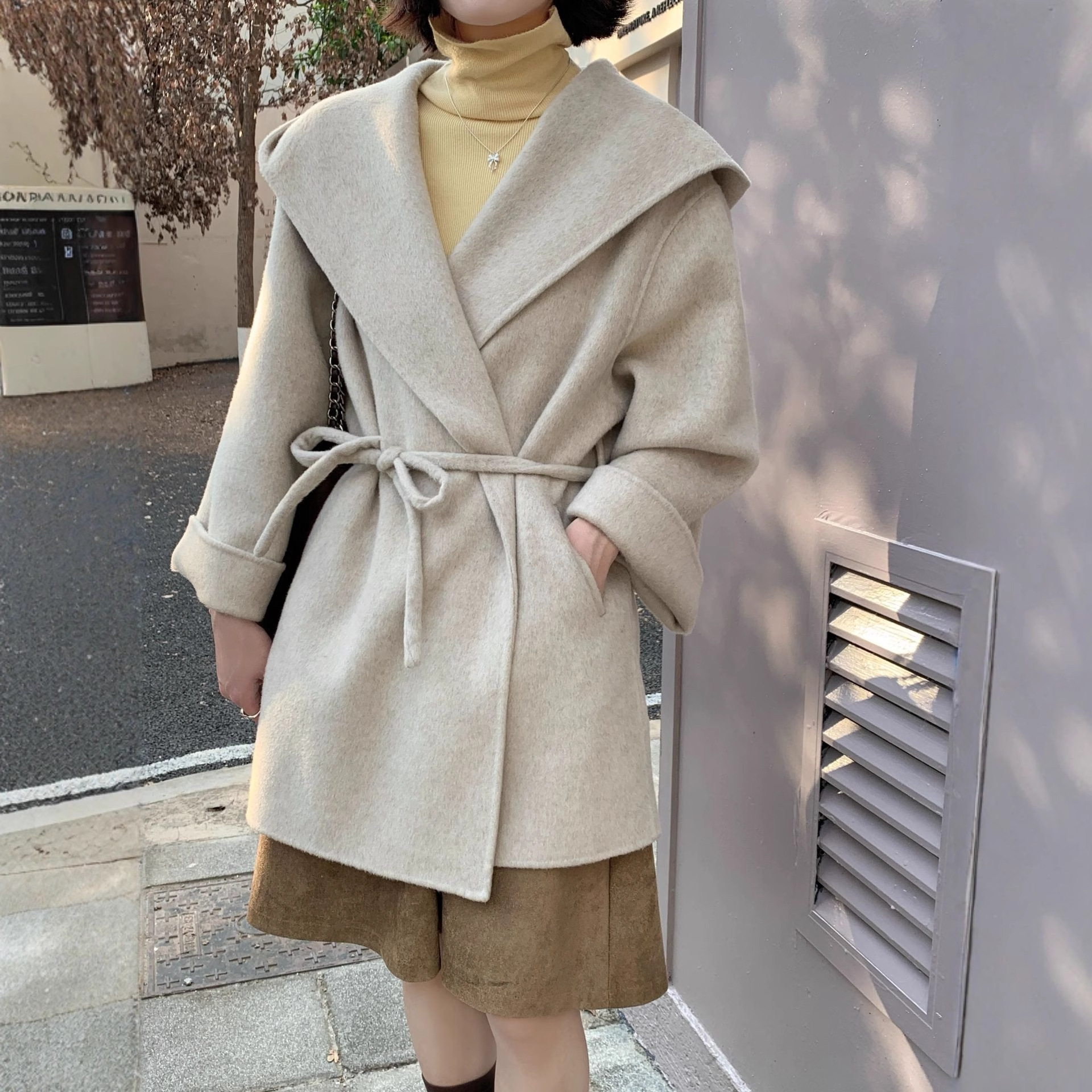 冬天6196海军领连帽双面羊毛大衣女中长款小个子韩版宽松浴袍羊毛