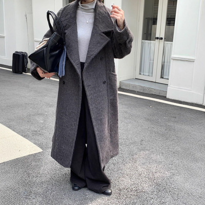 冬天『灰影暖裘』6180赫本风立领秘鲁羊驼毛大衣长款韩版宽松气质