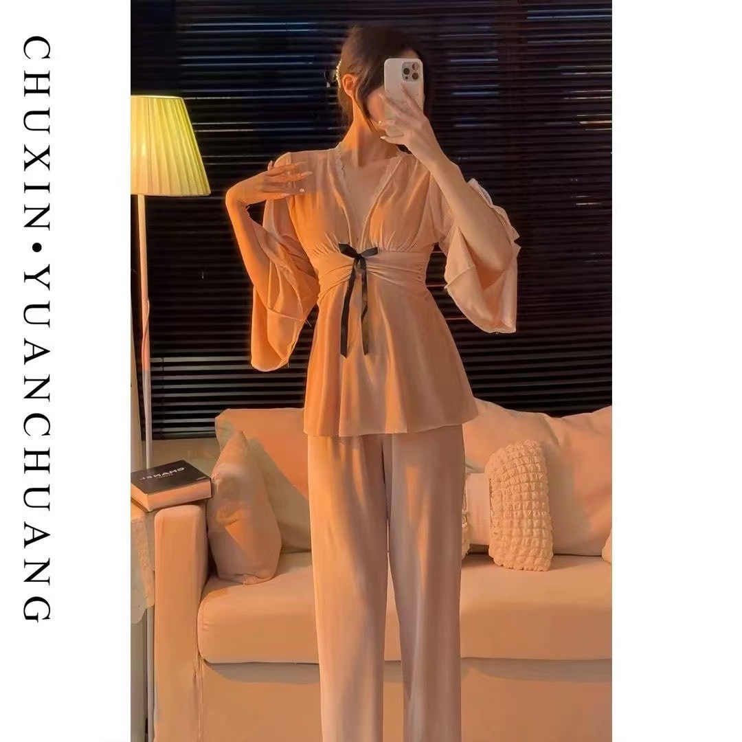 秋冬季睡衣女士金丝绒蕾丝花边V领套头长袖长裤带胸垫家居服套装