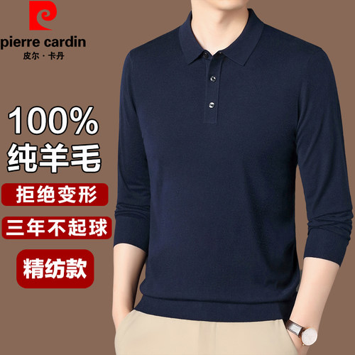 皮尔卡丹内搭毛衣男2025新款100%超细精纺羊毛翻领t恤长袖打底衫