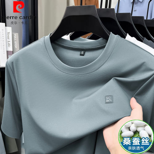 皮尔卡丹高端桑蚕丝短袖T恤男夏季垂感圆领体恤衫中年爸爸装上衣