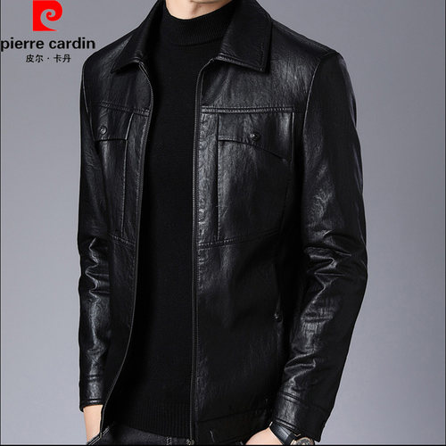 皮尔卡丹秋冬真皮皮衣男韩版中年男装加绒加厚绵羊皮夹克大码外套