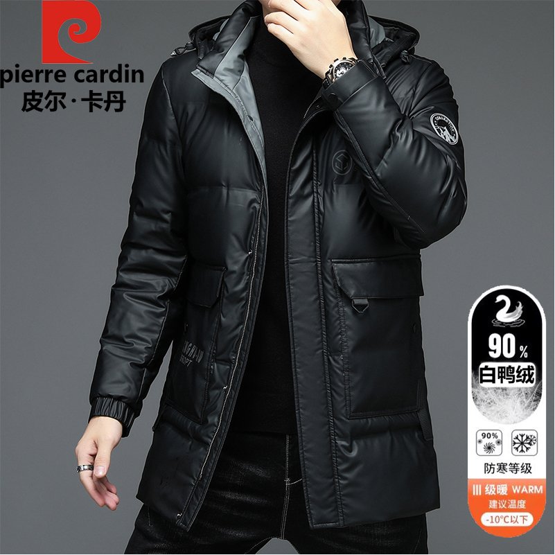 皮尔卡丹冬季新款免洗羽绒服中长款连帽皮衣保暖白鸭绒三防外套男