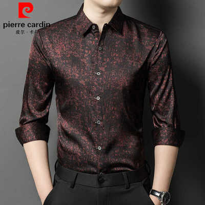 皮尔卡丹长袖桑蚕丝衬衫男装秋季新款中年商务免烫抗皱印花男衬衣