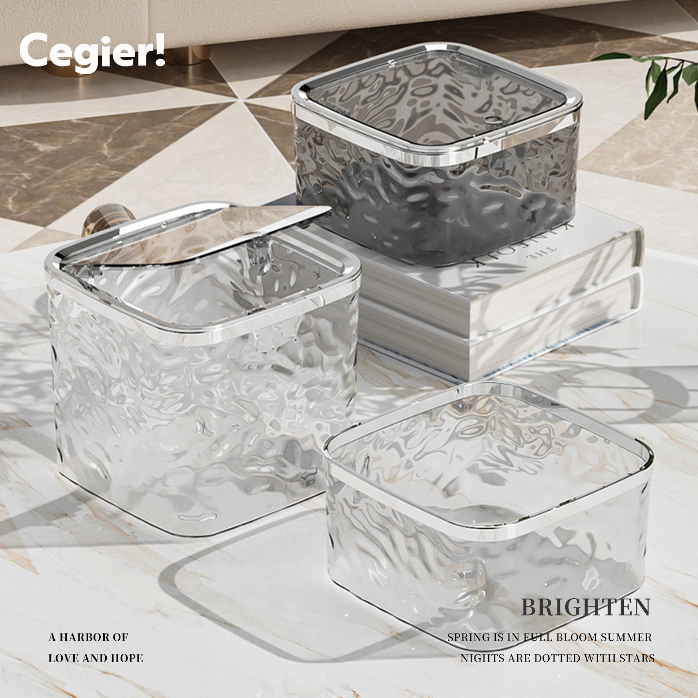 Cegier.冰川纹桌面果壳桶按压式