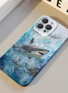 油画鲨鱼 适用苹果华为iPhone16ProMax手机保护外壳17 15Plus新款14 13情侣12 11女Pura80艺术油画高级不撞壳