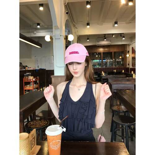 藏青色荷叶边吊带背心v领上衣