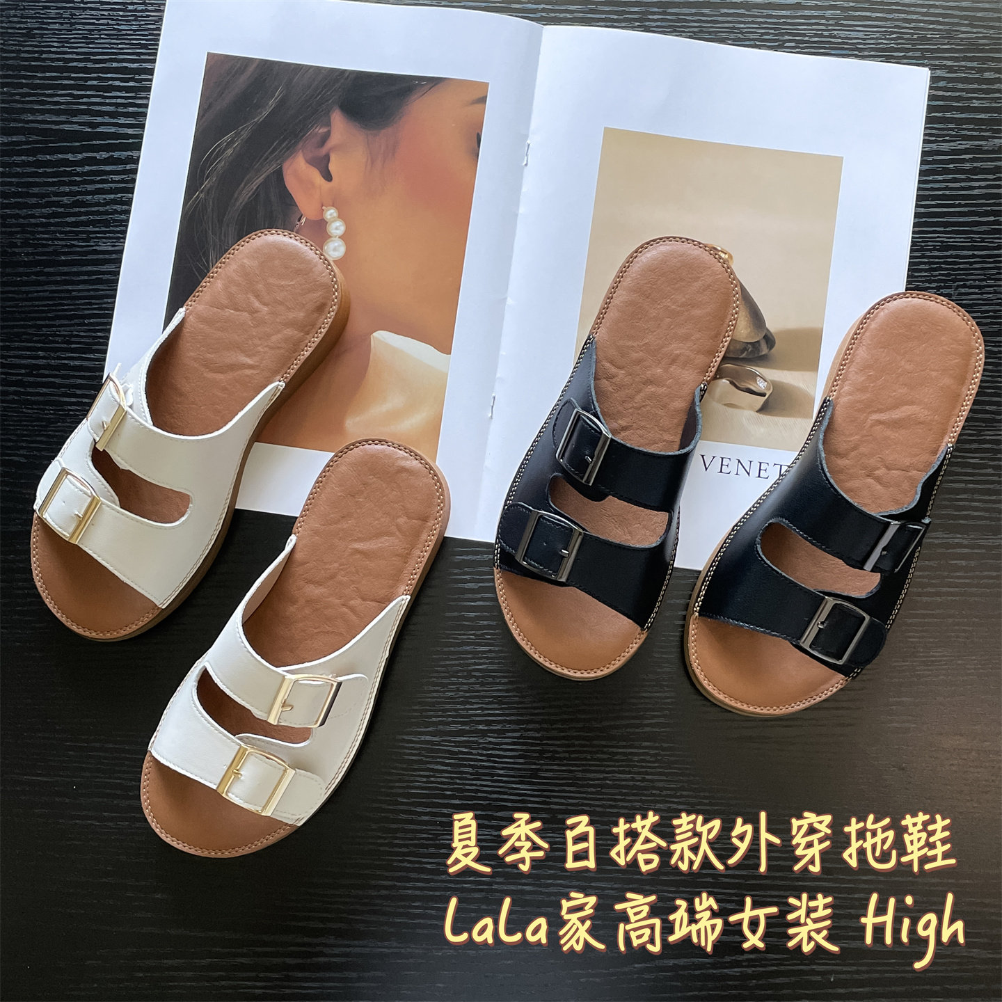 牛皮凉鞋~一字皮带扣凉拖鞋夏季外穿舒适好穿休闲真皮平底凉鞋女