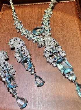 超重工宫廷复古黑斑豹子想蓝钻项链耳环套装奢华动物镶锆石满钻